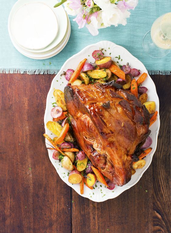 Apricot-Mustard Ham with herb roasted root vegetables from Good Housekeeping.